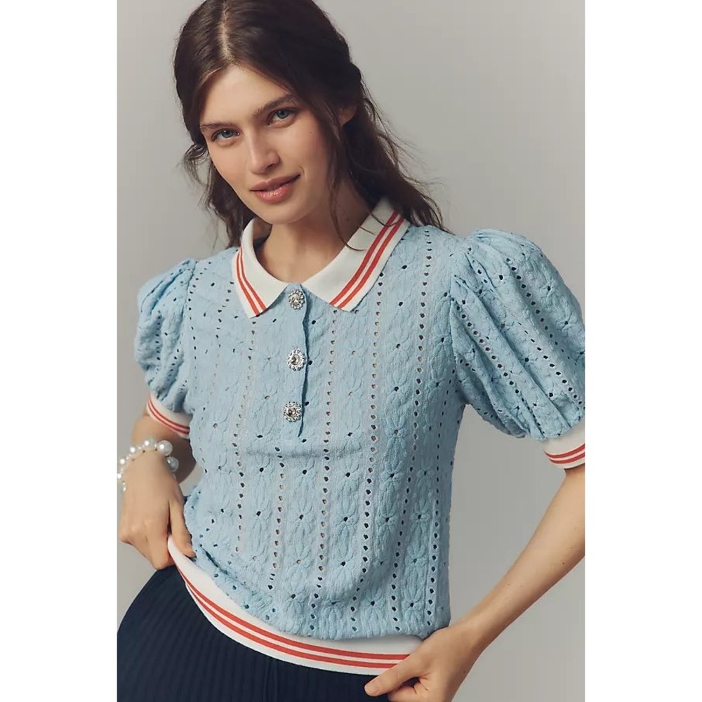 Maeve Anthropologie Puff-Sleeve Lace Polo Top XS